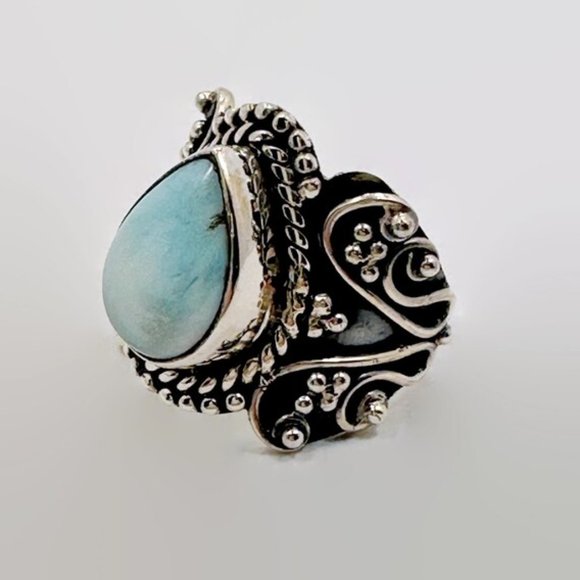 Larimar Ring, Blue Stone, Sterling Silver, Vintage Ring, Bali Style, Size 7 1/2 - Picture 2 of 5